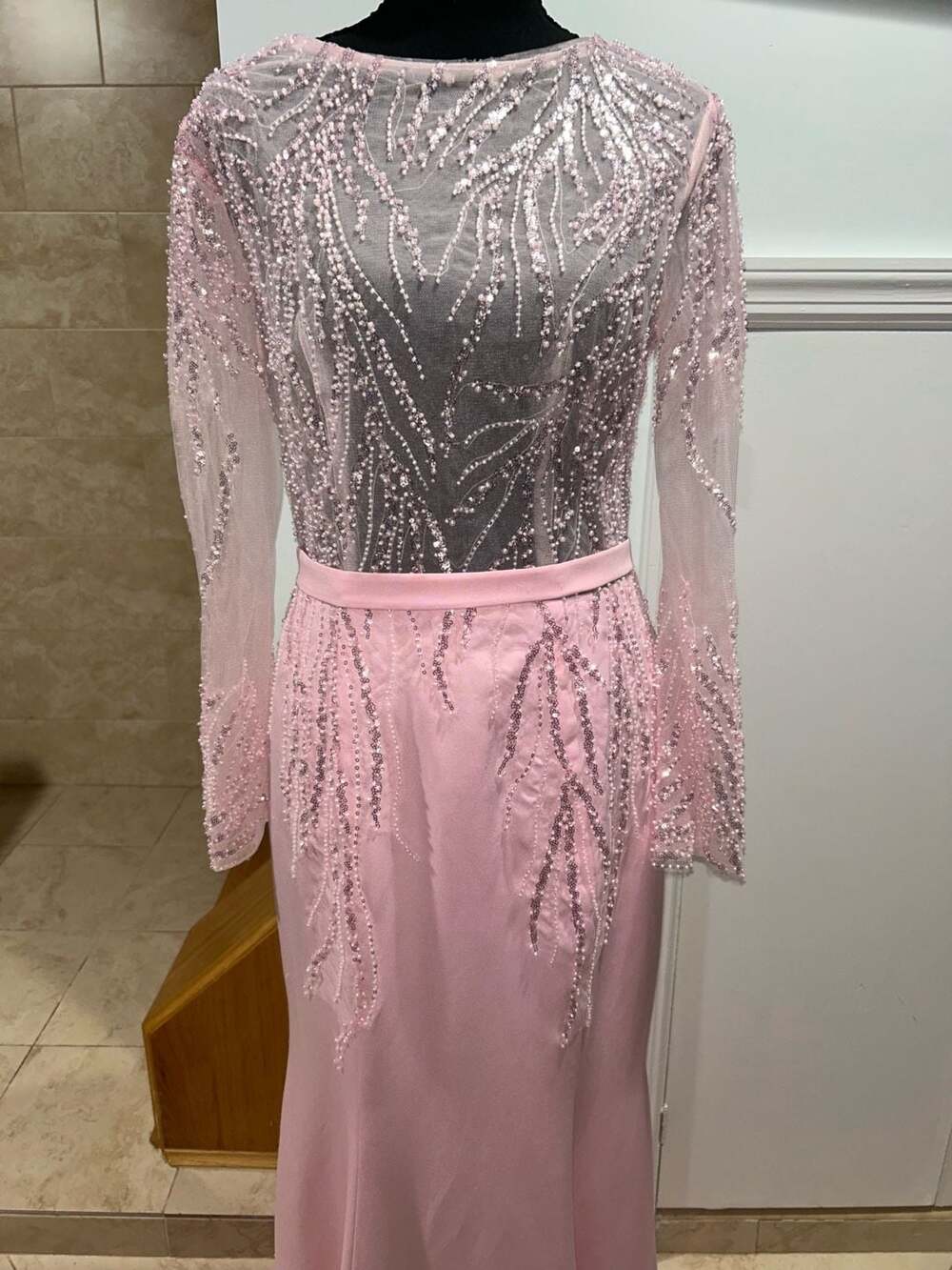 Pink Beaded Linear Cascading Long-Sleeve Mermaid Gown